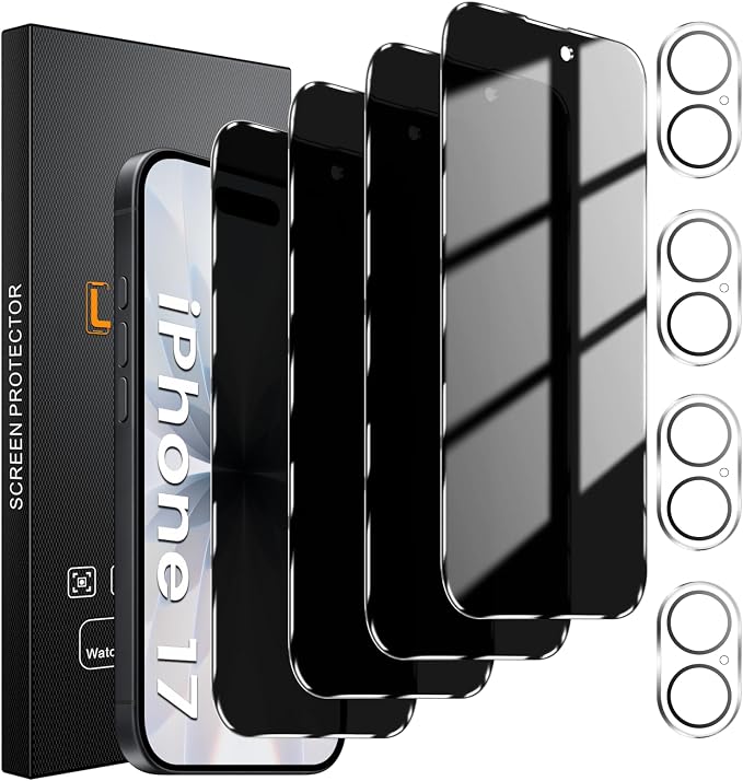 Lesakit 4 Pack Privacy Screen Protector for iPhone 17 6.3-Inch with 4 Pack Camera Lens Protector, Anti Spy Tempered Glass Film 9H Hardness Bubble Free Case Friendly by Lesakit