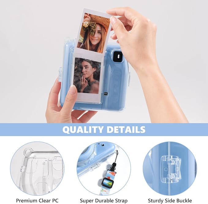 Fuji Mini SE Clear Case, Hard PC Protective Case for Instax Mini SE Instant Camera with Cute Cartoon Sticker & Adjustable Shoulder Strap - Blue Beach Sea - Image 3