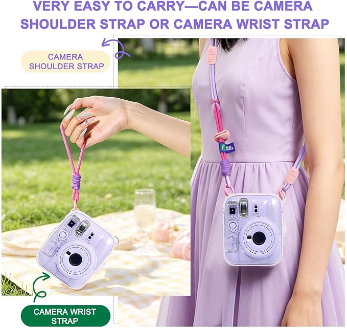 Clear Camera Case for Fujifilm Instax Mini 13, Pink Camera Strap | Protective Cover with Anti-Accidental Shutter, 4 Composition Cards, Photo Storage Holds 10 Films,Clear Hard Shell, No Camera - Image 5