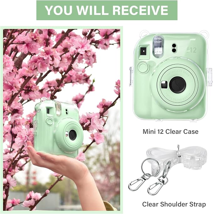 Rieibi Clear Case Compatible with Fuji Instax Mini 12, Hard Carrying Case Bag for Fujifilm Instax Mini 12 Instant Camera, PC Cover with Photo Storage Pocket & Shoulder Strap - Image 4