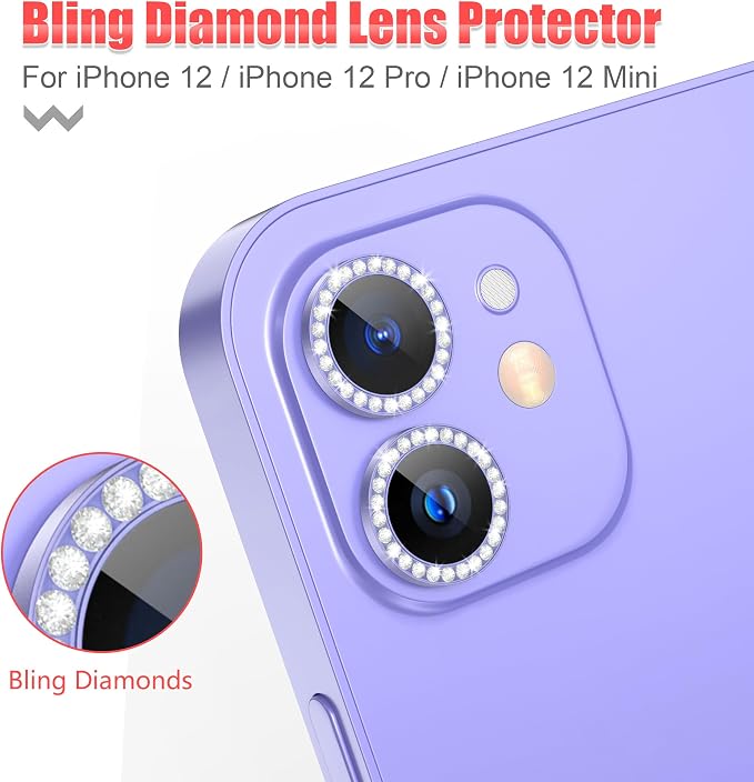 AGVEE 3+3 6 Pack for iPhone 12 & Mini & Pro Camera Lens Protector Cover | Individual Bling Diamond & Bling Glitter Sparkle Cute Gem Metal Ring, 9H Tempered HD Glass - Image 4