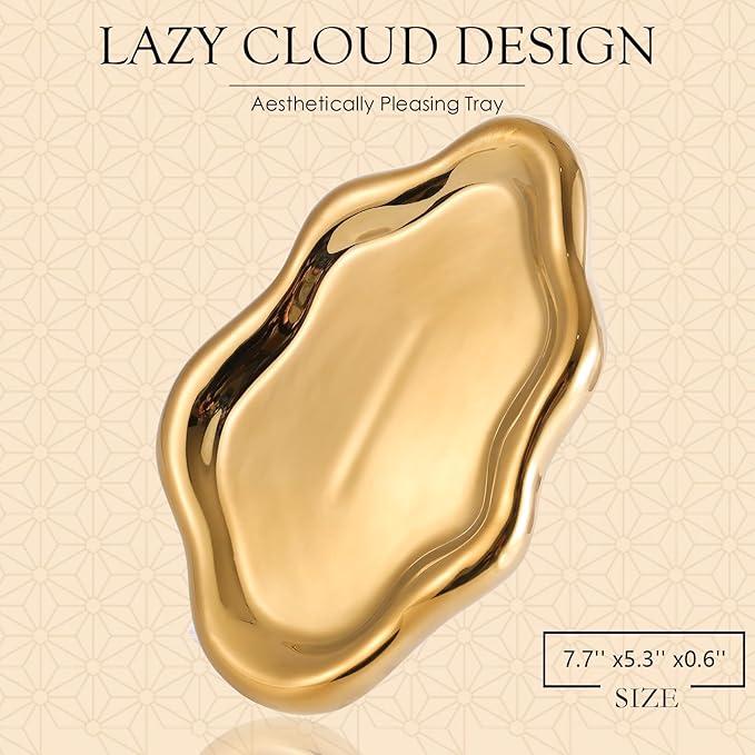 CCINPPY Ceramic Cloud Jewelry Tray Trinket Dish Key Bowl Nightstand Decor | Decorative Small Desk Tray Jewelry Plate Key Holder Bowl Cute Bedroom Room Decor Aesthetic, Gift for Women, Gold Medium - Image 2