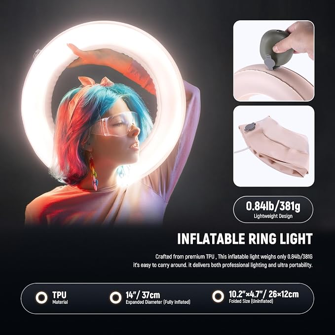 NEEWER 14" Inflatable Large Ring Light with Tripod Stand/Phone Holder/Remote, 35W Portable LED Ringlight 2900-6500K 2400lux CRI95+ for iPhone Selfie Streaming Video Recording Makeup Lash Studio, RA14B - Image 5