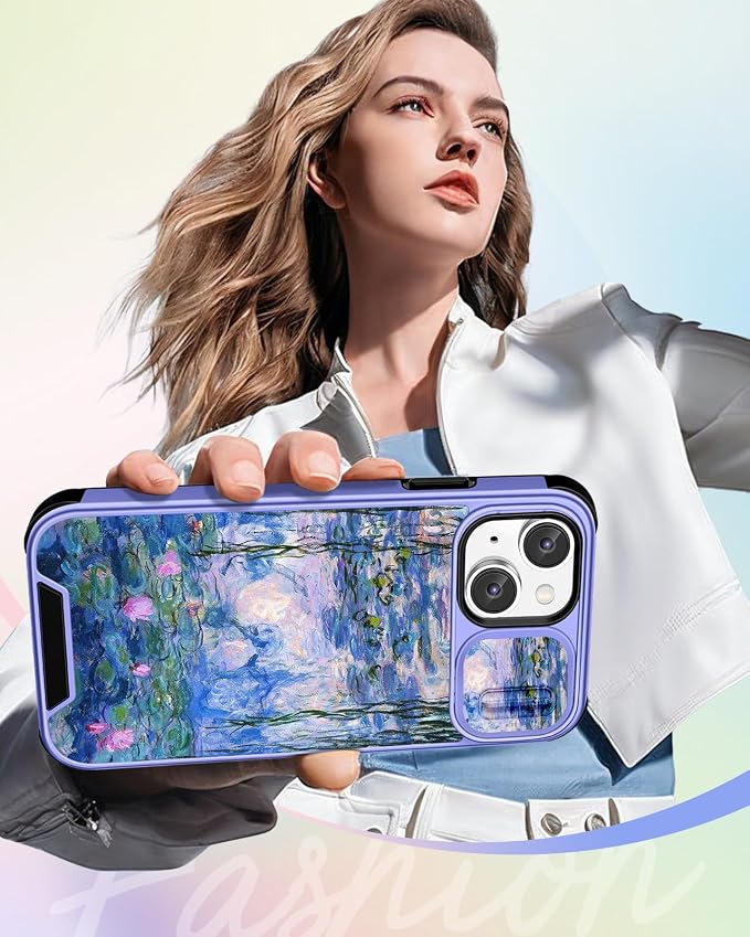 Buleens for iPhone 14 Case 6.1 Inch - with Ring Stand & Camera Cover Aesthetic Cute Designed for Women Girls Girly Pretty Blue Water Lily for Phone Case for iPhone 14 Compatible with Magsafe - Image 6