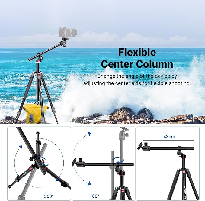NEEWER 90 Inch Tall Overhead Horizontal Camera Tripod Monopod with Ball Head & Flexible Center Column, Metal DSLR Video Travel Stand, Arca Type QR Plate & Inverted Legs, Max Load 10 kg / 22 lbs, TP63 - Image 2