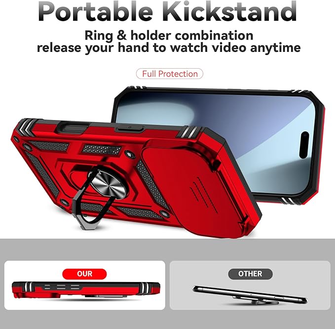 SunStory Phone Case for iPhone 17 Pro Case with HD Screen Protector & Slide Camera Cover & Rotated Ring Kickstand, [Military-Grade] Phone Case for iPhone 17 Pro, Red - Image 2
