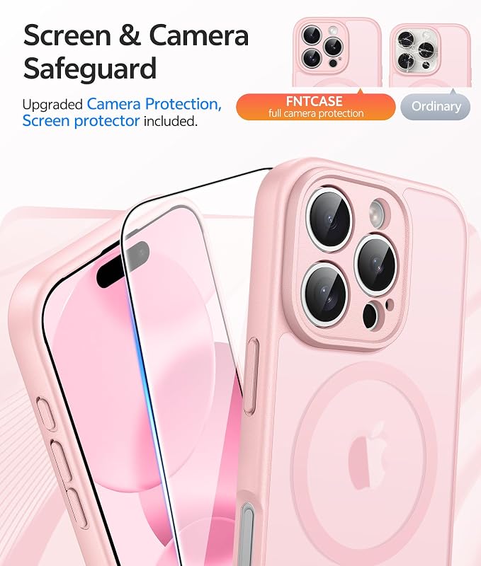 FNTCASE for iPhone 16 Pro Max Case, Fit for Magsafe, Glass Screen Protector | Full Camera Protection, Translucent Matte, 14FT Military Grade Drop Proof, Shockproof Protective Phone Cover, Light Pink - Image 4