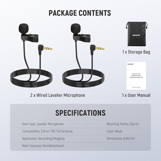 NEEWER Mini Lavalier Microphone (2 Pack), 6.6ft/2m Clip On Wired Condenser Lapel Mic with 3.5mm TRS Plug, Compatible with DJI Mic 2, Rode Wireless Go II, CM28 CM31 Camera, LM5 | Wired, Condenser, 3.5mm TRS Plug, Compatible with DJI Mic 2 Rode Wireless ... - Image 9