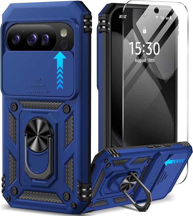 Taisairu for Google Pixel 10 Case/Pixel 10 Pro Case with Screen Protector & Slide Camera Lens Cover,Built-in Ring Stand Protective Phone Case for Pixel 10 Case/Google Pixel 10 Pro Case (Blue) by Taisairu