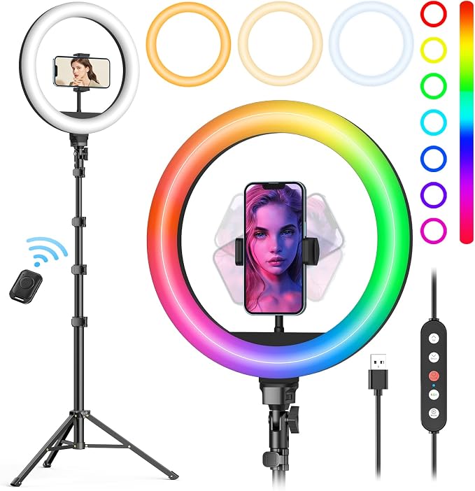 10" Ring Light with Stand 72'' Tall & Phone Holder,38 Color Modes Selfie Light with Tripod Stand,Stepless Dimmable/Speed LED Ring Light for iPhone & Android,YouTube, Makeup,TIK Tok by Weilisi