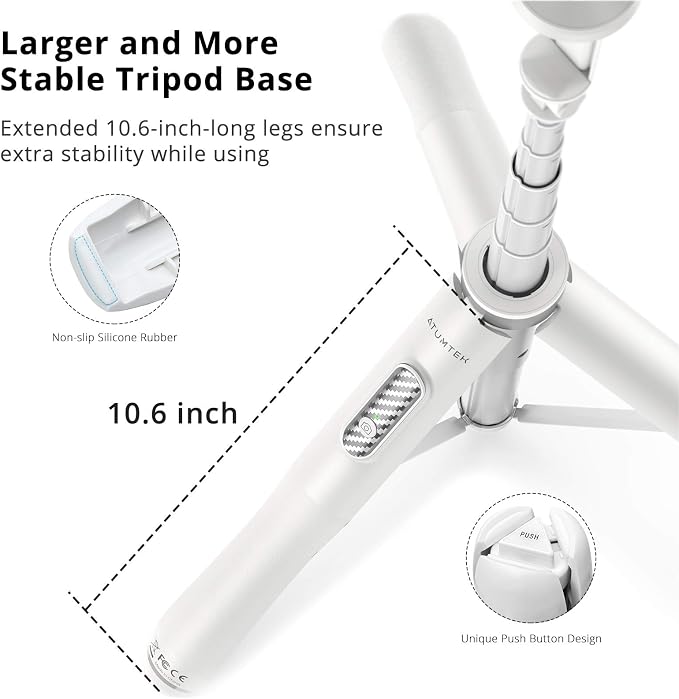 ATUMTEK 51" Selfie Stick Tripod, All in One Extendable Phone Tripod Stand with Bluetooth Remote 360° Rotation for iPhone and Android Phone Selfies, Video Recording, Vlogging, Live Streaming, White - Image 5