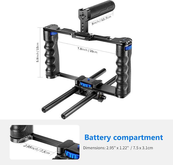 NEEWER Aluminum Alloy Camera Cage, Filmmaking Rig with Top Handle | Dual Grips & Arca Type Base, Compatible with Sony A7S III A7IV A6600 Canon EOS R5C R5 R6 DSLR/Mirrorless Cameras, VS107 Blue - Image 6