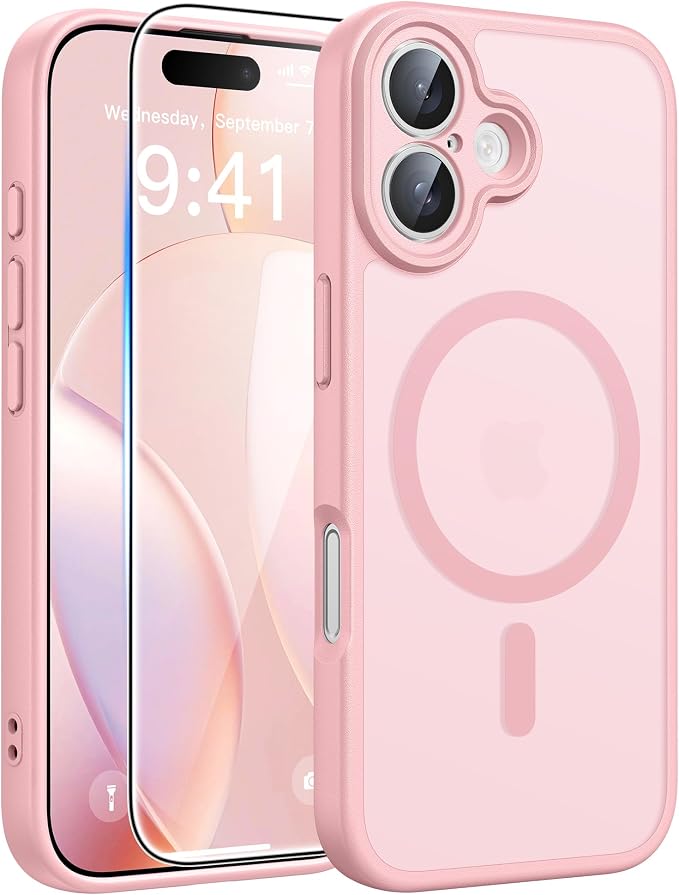 FNTCASE for iPhone 16 Case, Fit for Magsafe, Screen Protector, Light Pink | Full Camera Protection, Translucent Matte, 14FT Military Grade Drop Proof, Shockproof Protective Phone Cover by FNTCASE