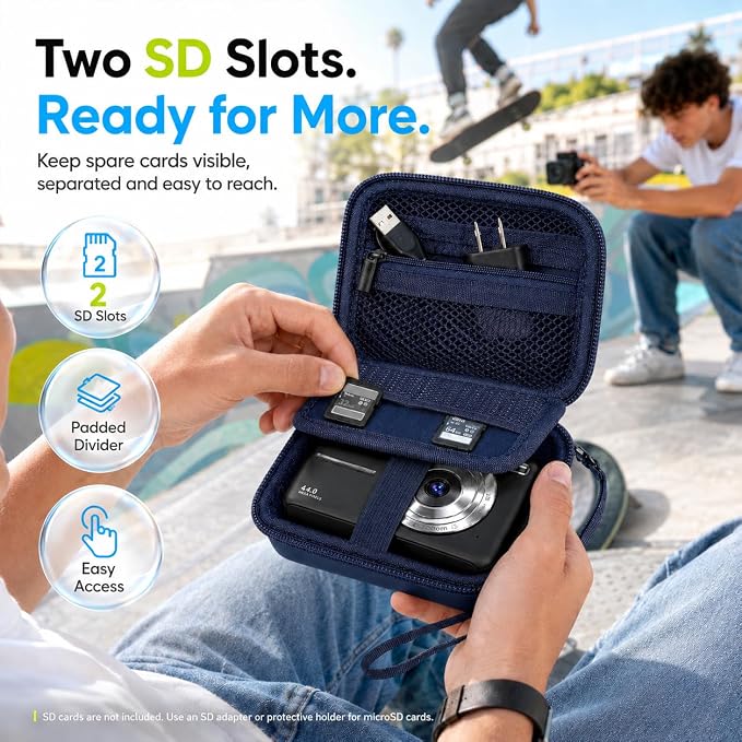 Comecase Camera Case for Kodak PIXPRO FZ55/FZ45, 2 SD Card Slots, Dark Blue | Hard EVA Shell, Padded Divider and 2 SD Card Slots Organize a Compact Camera, Charger and Cable for Travel, Case Only - Image 3