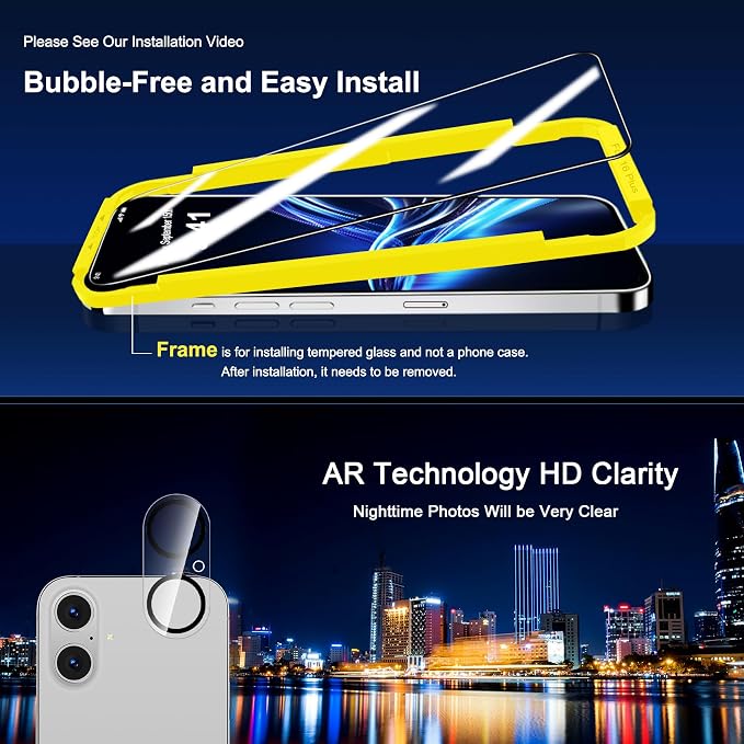 QHOHQ for iPhone 16 Plus Screen Protector + Camera Lens Protector, 3+3 Pack | [Military Grade Shatterproof], Top 9H+ Tempered Glass, Full Edge Coverage, Ultra Durable, with Easy Installation Tool - Image 7