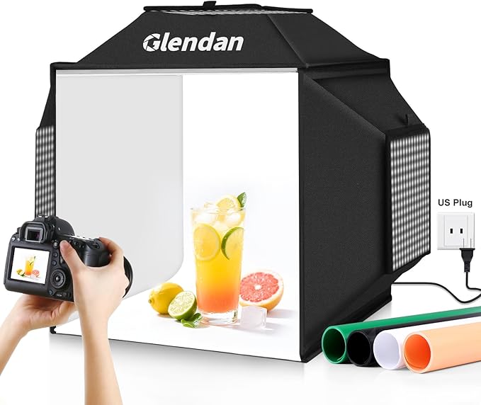 Portable Light Box Photography 16"x16" Upgrade Dimmable Photo Soft Box | Middle Studio for Jewelry & Small Products. 480 LED Lights True Color, Dimmable. Sturdy Build, 4 Backdrops, 10s Fold Setup by Glendan