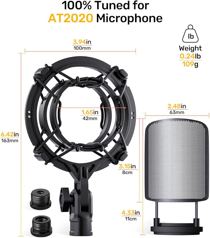 Custom Microphone Shock Mount with Metal Pop Filter for AT2020/2035 | Anti-vibration Suspension Shock Mount Mic Holder Clip, Metal Pop Filter for Audio-Technica AT2020USB, ATR2050, AT3035, AT3060 - Image 7