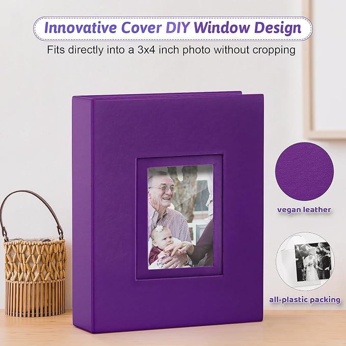 Popotop 4x6 Photo Album Holds 100 Pictures, Vegan Leather Hardcover | 100 Photos Capacity, Acid-Free Clear Slip-In Pockets, Compact Format, Front Photo Window, Gifts for Family Wedding Baby - Image 2