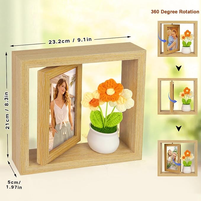 4x6 Rotating Picture Frame & Handmade Crochet Puff Flower, 4x6 Desktop Double-side Floating Photo Frame, Puff Daisy Cute Office Desk Decor for Women/ Appreciation Thank You Gifts for Girls Her - Image 5