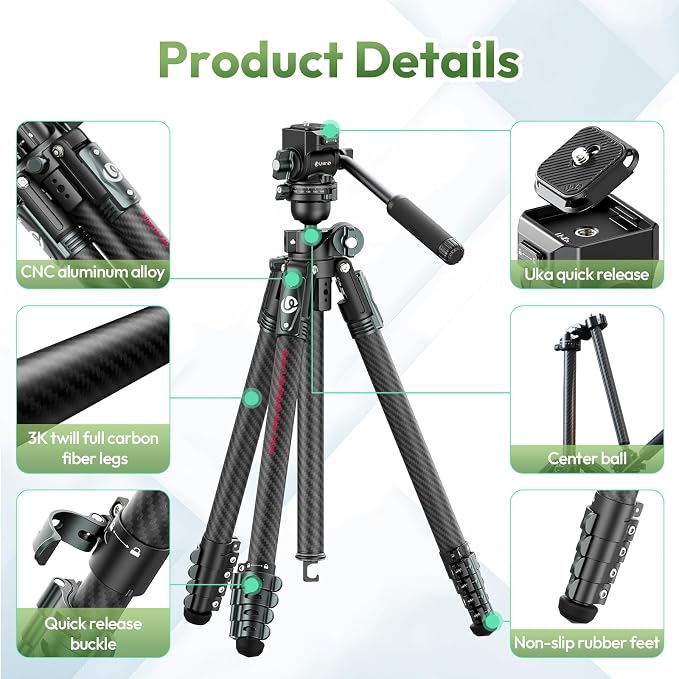 ULANZI JJ06 GlideGo Carbon Fiber Video Tripod, 73.6in, 11lb Load | Dual 360° Pan Head, Portable Lightweight Pro Carbon Fiber, UKA Quick Release, Professional Travel Tripod, with Bag - Image 6