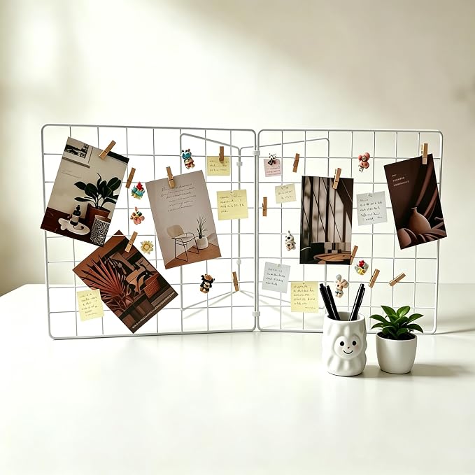 Foldable Desktop Photo Display Rack & Grid Display Board, Fold Flat for Easy Storage with 20 Wooden Clips – Photo, Accessory & Handcraft Display Organizer for Home Office White by Unknown