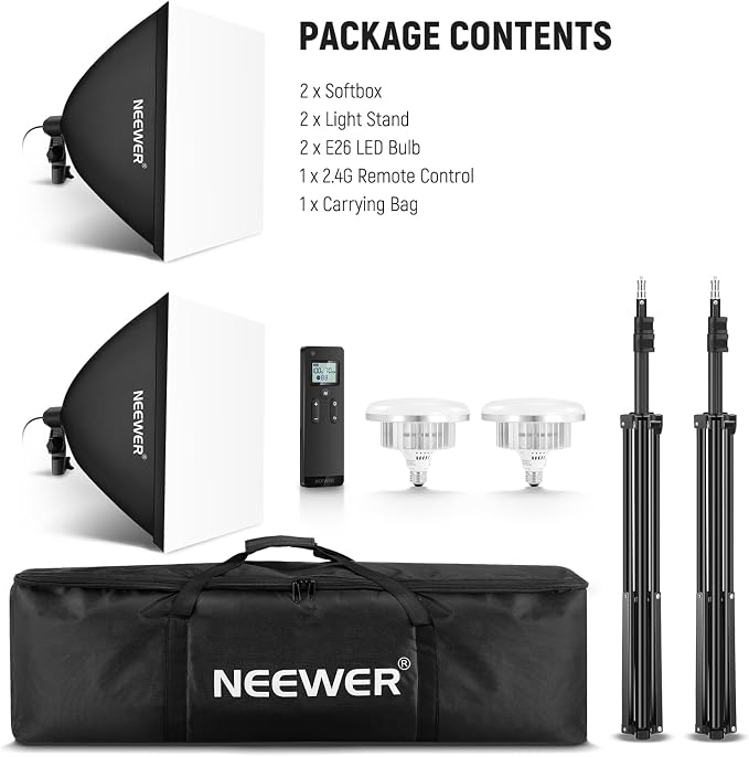 NEEWER 2Pcs 24"x24" 900W Equivalent Softbox Lighting Kit with Tripod Stands, 45W Bi Color 2.4G LED Bulbs, Remote, 10 Channels 2900K-7000K 1400lx/m CRI95, Photography Continuous Lighting Kit, NK103 - Image 9