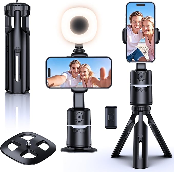 UBeesize Auto Face Tracking Tripod with Adjustable Desk Tripod, 360° Rotating vlogging kit for iPhone with Remote & Gesture Control, Rechargeable Selfie Fill Light, No App Required by UBeesize