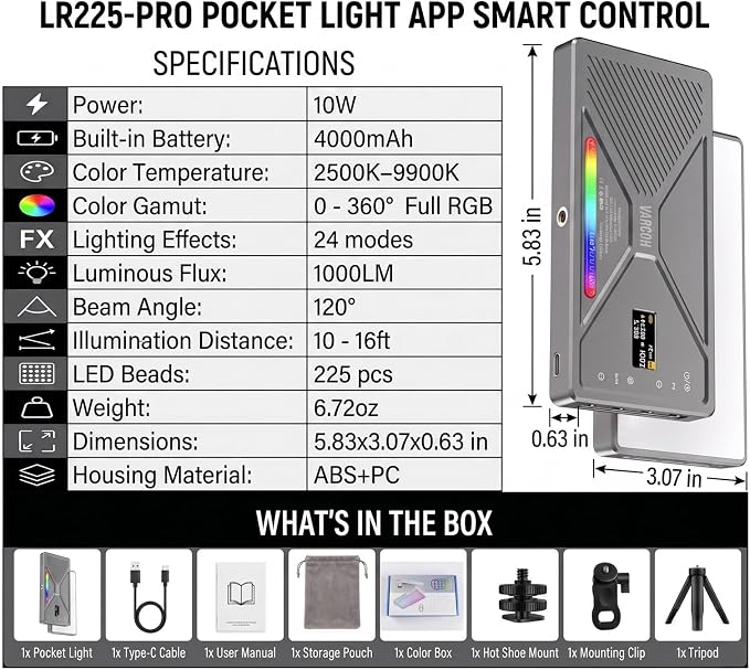 225 LED Portable Selfie Light, Video Conference Light, 4000mAh Rechargeable, App Control, Tripod, Metal Hot Shoe, Clip, CRI 97+, 24 Light Modes for Phone, Camera, Live Streaming, Makeup, Photography - Image 3