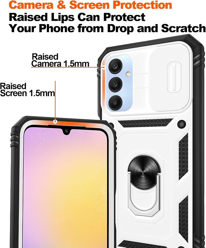 Fit for Samsung Galaxy A25 5G Phone Case with 2PCS Screen Protector, Build in 360° Rotating Ring Kickstand, Military Grade Protective Case for Samsung A25 Case Phone, White+Black - Image 4