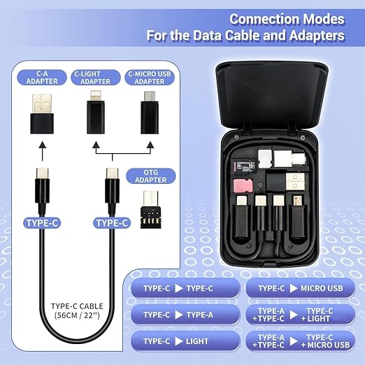 Kiorafoto Cable Card with 22" Type-C Cable & 4 Type Adapter Kit for Travel | Data Cable Storage Box,USB-C Cable/USB-A/Micro-USB/Light/OTG USB Adapter Convertor Kit,for Phone Pad PC Device Data Transfer - Image 3