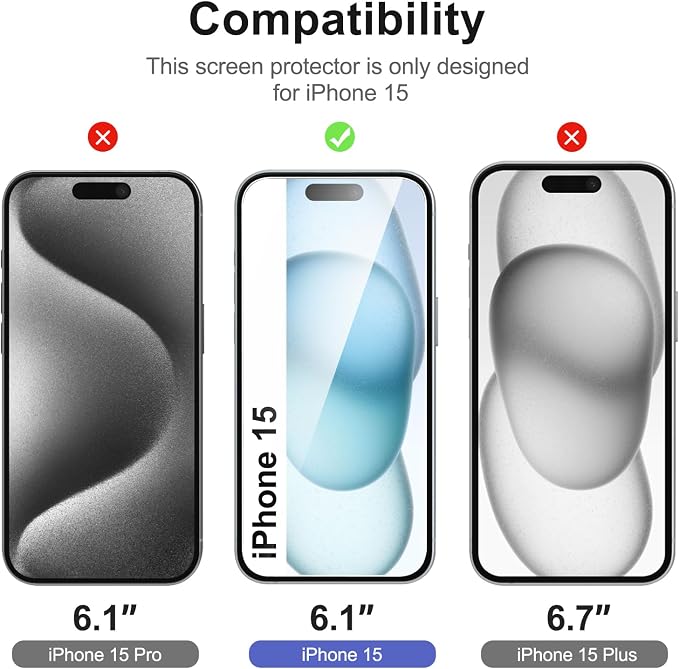 NEW'C 3x for iPhone 15 Screen Protector (6.1 inches)+ 3x Camera Lens Protector, Sensor Protection, Case Friendly Tempered Glass Film + Dust Plug- Easy installation tool include - Image 2
