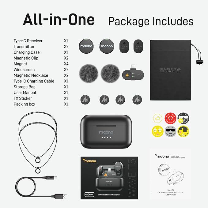 MAONO Wave T5 Wireless Lavalier Microphone for iPhone15/16/17 Android Phone | Magnetic Lapel Mini Mic with 48KHz 24Bit Audio, AI Noise Cancelling,Mute,1000ft for Podcast Video Record Vlog Content Creator - Image 7