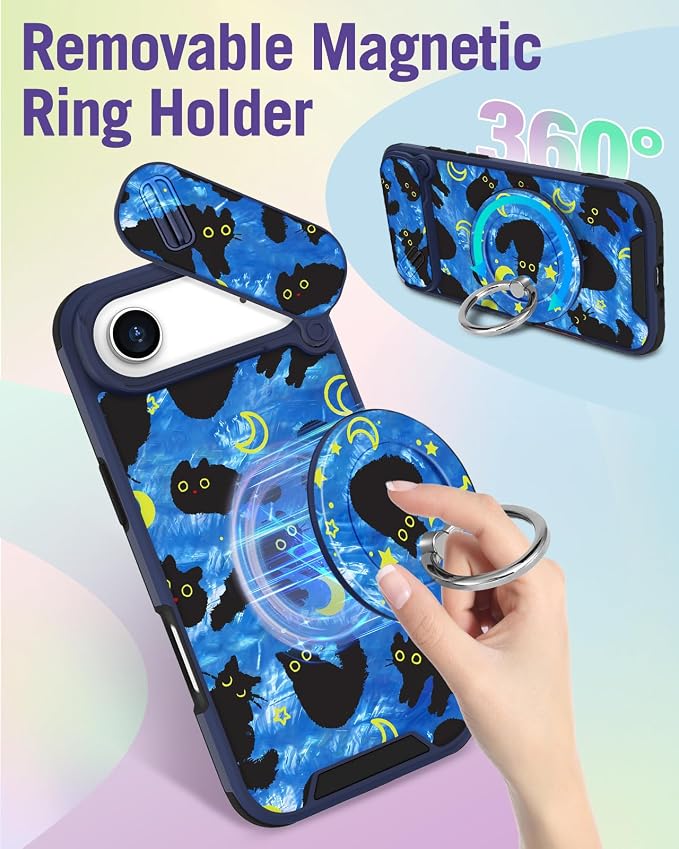 Buleens for iPhone 17 Air Case 6.5 Inch - with Ring Stand & Camera Cover Aesthetic Cute Designed for Women Girls Girly Kawaii Blue Cat Stars Phone Case for iPhone 17 Air Compatible with Magsafe - Image 5
