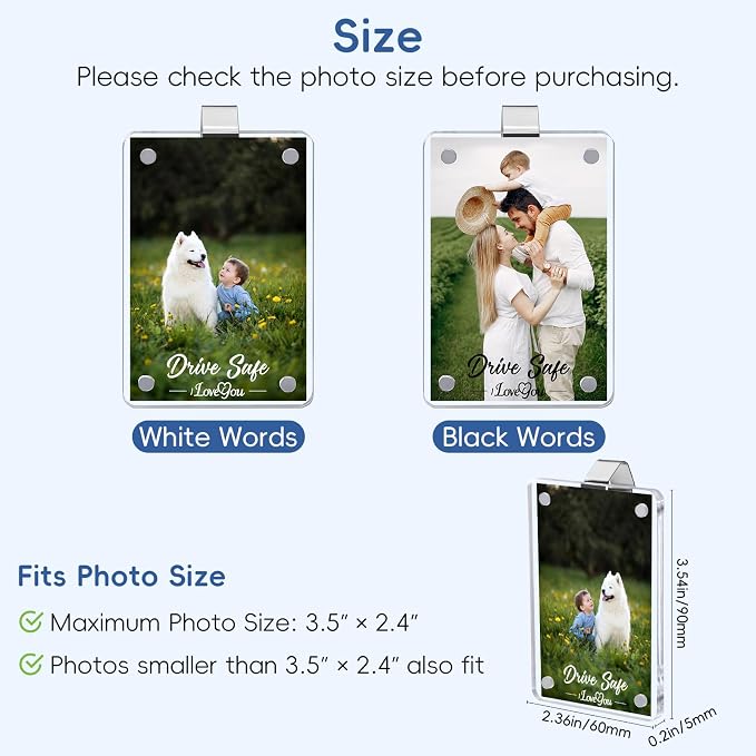 2 Pack Car Picture Holders for Father Visor Clip Photo Frame Acrylic Magnetic Picture Frames Drive Safe Daddy Personalized for Cars Display Memorial Family Couple Pet Wallet Size Photos 2.4 × 3.5 inch - Image 2