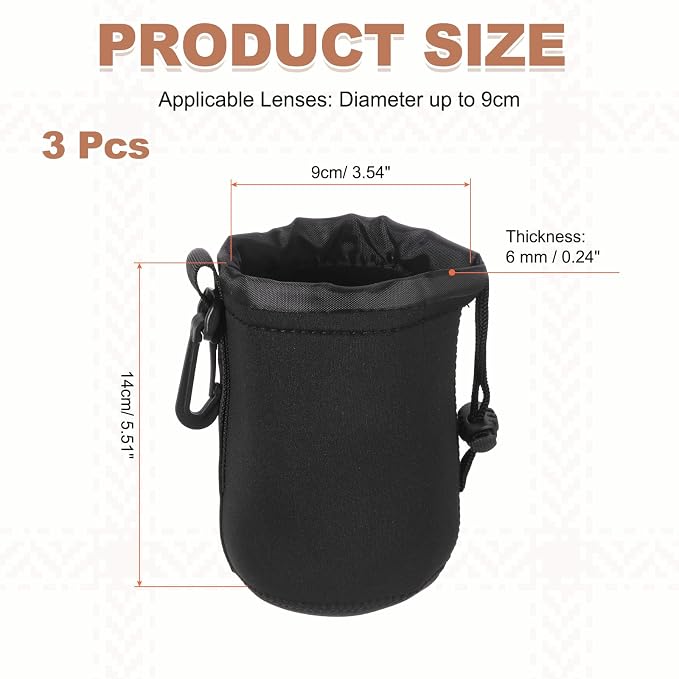 PATIKIL 3 Pcs Camera Lens Pouch, 4" ID x 6" H Drawstring Lens Pouch Protective Camera Lens Case Bag Soft Plush Neoprene Bag for DSLR Photography Gear, Black - Image 2