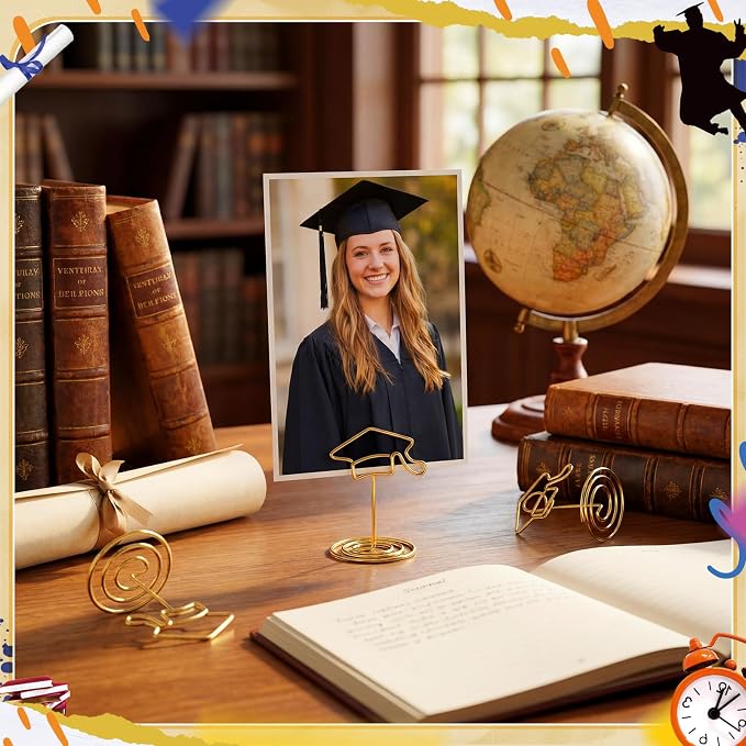 AmazingSpark 36 Pcs 2026 Graduation Gold Photo Holders for Table Centerpieces Metal Photo Holder Gold Picture Display Stands Menu Memo Clips for Graduation Party Table Decoration Supplies(Grad Cap) - Image 6