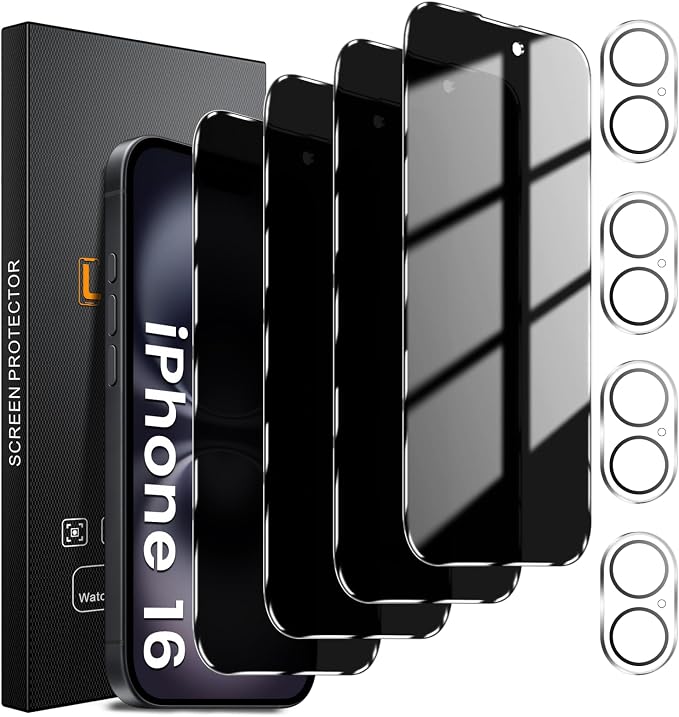 Lesakit 4+4 Pack Privacy Screen Protector for iPhone 16 6.1-Inch with 4 Pack Camera Lens Protector, Anti Spy Tempered Glass Film 9H Hardness Case Friendly by Lesakit