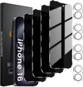 Lesakit 4+4 Pack Privacy Screen Protector for iPhone 16 6.1-Inch with 4 Pack Camera Lens Protector, Anti Spy Tempered Glass Film 9H Hardness Case Friendly by Lesakit