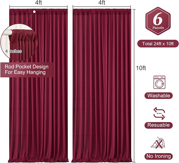 Burgundy Backdrop Curtains 6 Panels - Wrinkle-Free Polyester Photography Drapes for Baby Shower & Birthday Party - 24 X 10FT - Image 3