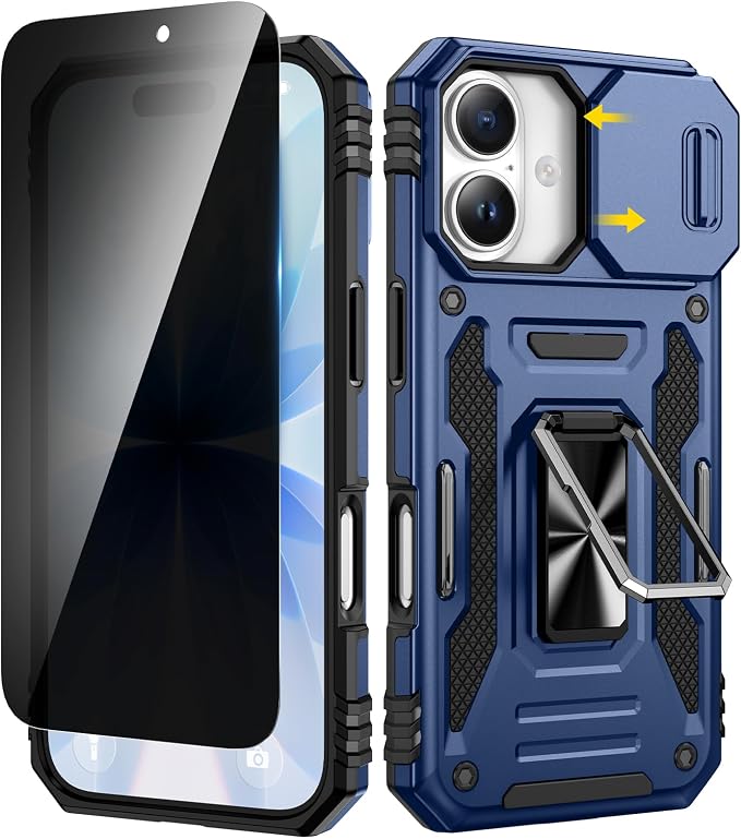 VEGO for iPhone 17 Case with Privacy Screen Protector and Stand Blue | Slide Camera Cover & Ring Kickstand Military Grade Heavy Duty Protection Cover for iPhone 17 5G 6.3 Inch - Blue by VEGO