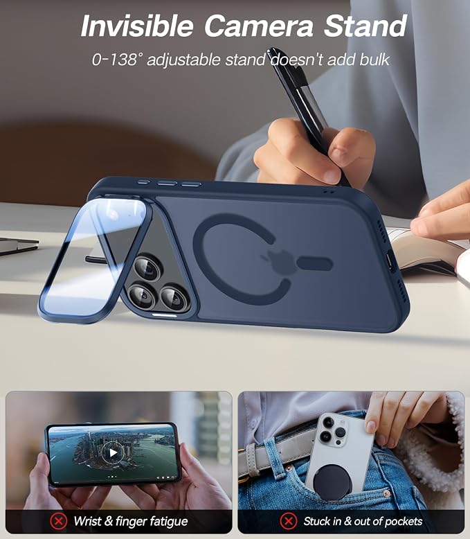 VOFATA [Upgraded Full Camera Protection] for iPhone 17 Pro Max Case with Camera Cover Stand [Fit for MagSafe][10FT Mil-Grade Protection] Translucent Magnetic iPhone 17 Pro Max Phone Case, Blue - Image 4