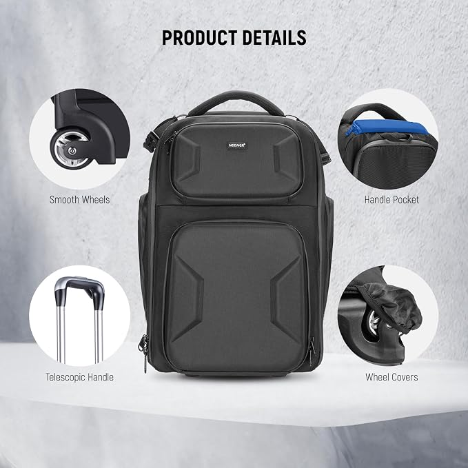 Neewer 2 in 1 Camera Roller Bag with Detachable Shockproof Dividers Retractable Handle Waistband Rain Cover Water Resistant Robust Carry On Backpack for Camera Tripod Flash Lens Laptop, Black, PB027 - Image 8