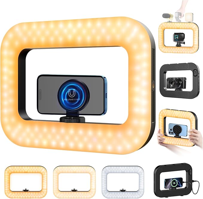 Magnetic Cell Phone Light for Video Recording, Handheld Phone Stabilizer with Light, 8000mAh LED Selfie Phone Ring Light with Phone Holder, Smartphone Video Rig for Camera, Vlog, TikTok by yAyusiPortableSelfieStand