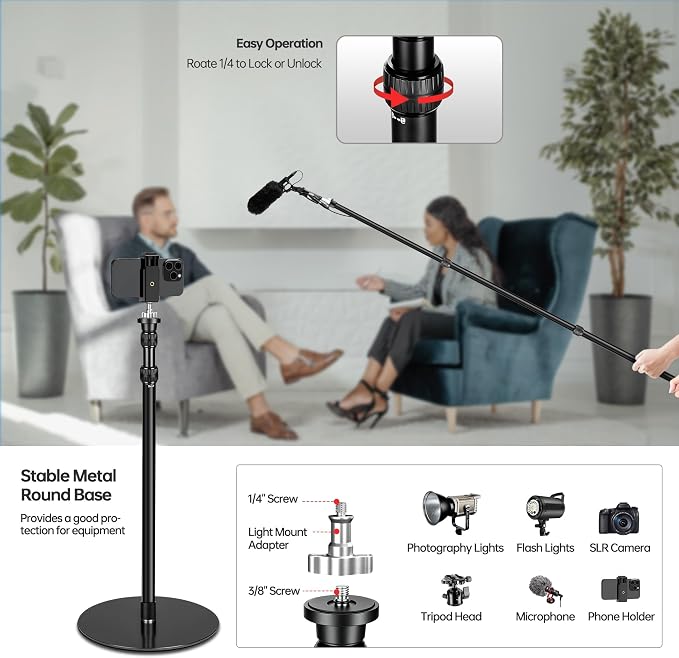YP-300 Light Stand, 61” Monopod for Camera, LED Light, Heavy Duty Aluminum Alloy 28mm Tubes Metal Round Base with 1/4” Screw, 3/8” Screw & Light Mount Adapter Studio Stage - Image 4