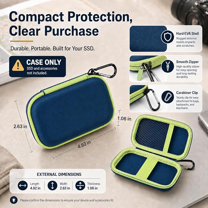 SSD Case for SanDisk Extreme Portable SSD & Extreme PRO, Hard Shell Protective Storage Bag with Carabiner, Fits 1TB 2TB 4TB 8TB External Solid State Drive for Business Travel (Green) | Elastic Strap Secures the SSD, Mesh Pocket Organizes Cables, Carabi... - Image 4