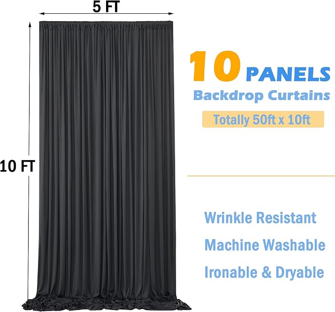 50ftx10ft Wrinkle Free Black Backdrop Curtain for Parties, 10 Panels 5x10ft Silky Photo Backdrop Drapes Back Drop Cloth Drapery for Wedding Birthday Photography Background Photoshoot Decor - Image 3