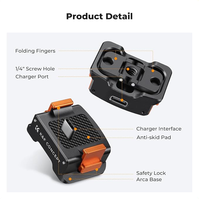 K&F CONCEPT Charging Adapter Base | Compatible with Osmo Pocket 3, Type-C Charging Dock Fit Arca-Swiss Standard, 1/4 Screw/Folding Finger, Aluminum Alloy, PP20 - Image 2