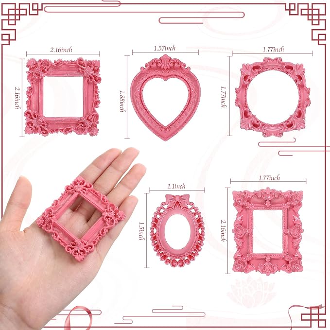 Vicenpal 25 Pcs Pink Mini Vintage Picture Frames Bulk | Small Vintage Photo Frames, Antique, Resin, Baroque, Ornate, Cute Wallet Size, for DIY Jewelry Gifts Christmas Wedding Decor - Image 3