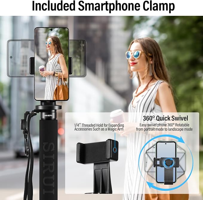 SIRUI Carbon Fiber Monopod for cameras, 65" Compact Lightweight Travel Monopod, 6 Sections, Load up 15kg, included Phone Holder (AM-MDP01) - Image 6