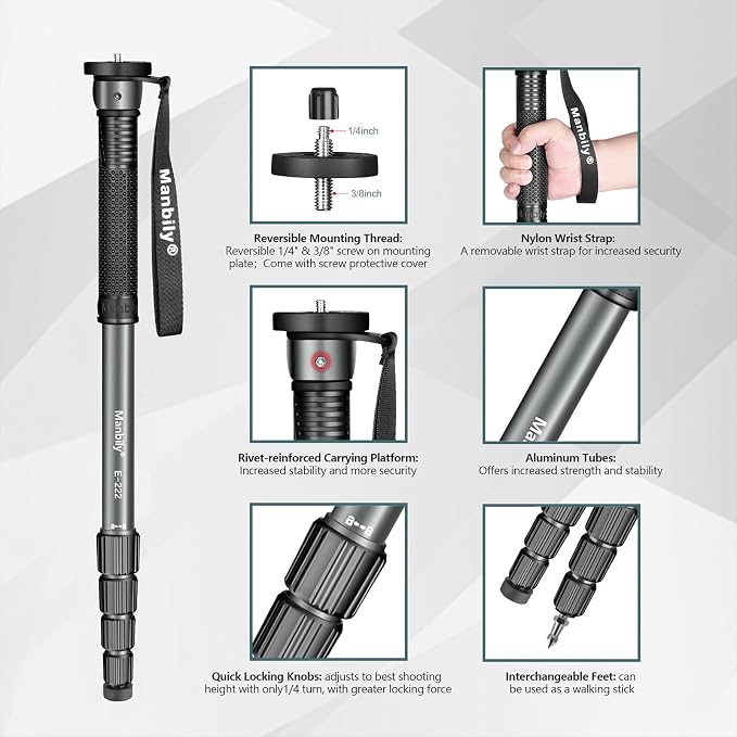 65-Inch Camera Monopod, 5 Sections Aluminum Travel Monopod for Canon Nikon Sony DSLR Cameras Video Camcorder, Compact Portable Lightweight（E-222） (Gray) - Image 3
